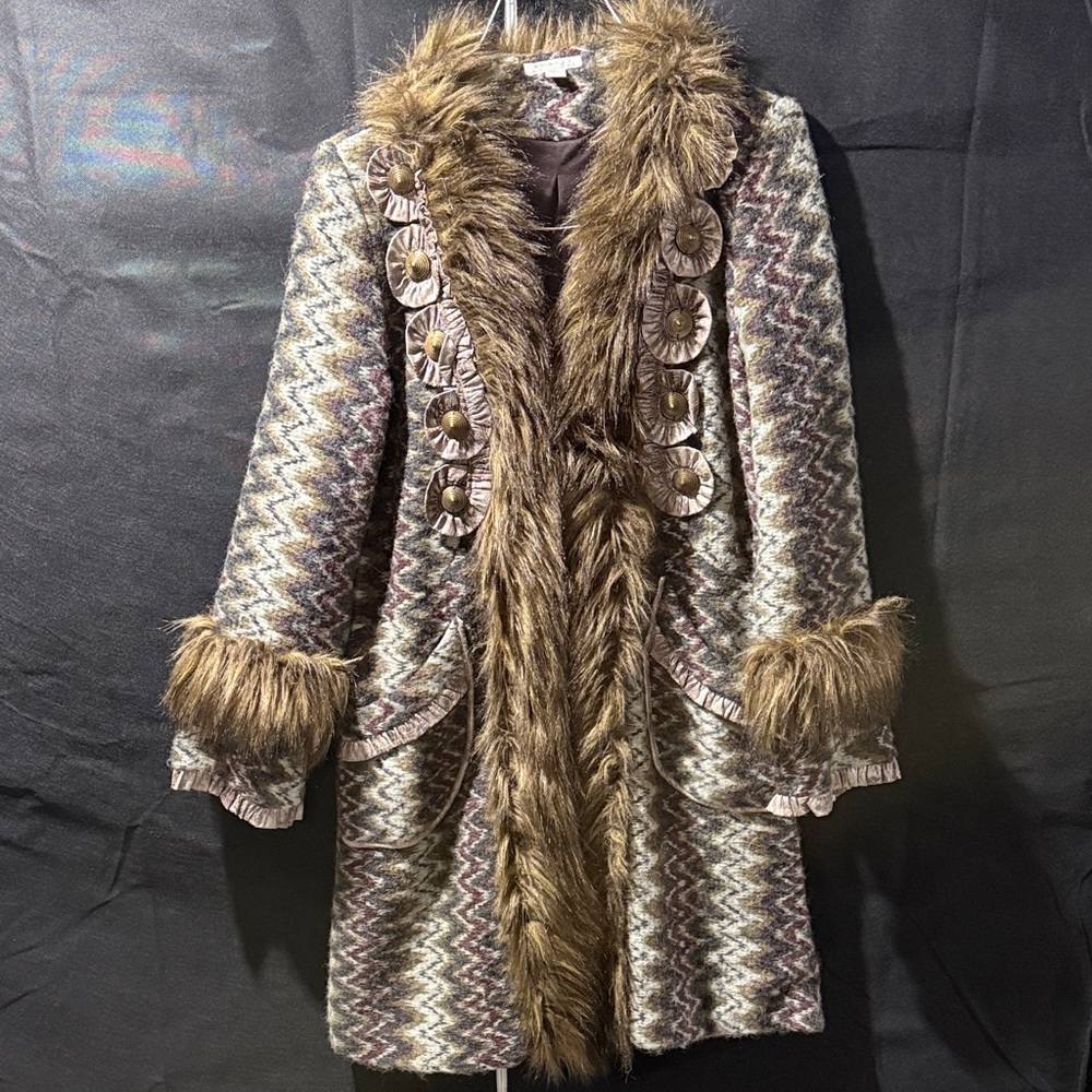 Boston Proper Multicolor Zigzag sweater Jacket with Faux Fur